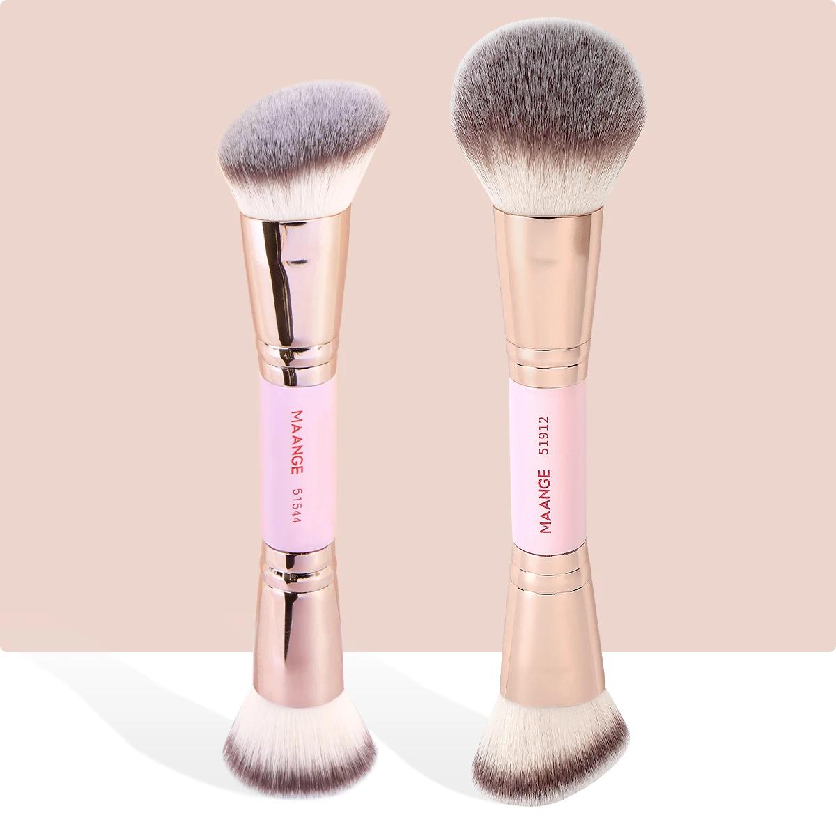 

2PCS Foundation Makeup Brush Double-ended Flat/Angle Top Contour Brush for Beauty Blending Liquid Powder Concealer Cream рожевий