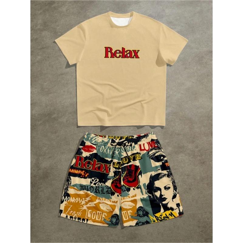 2 Piece Men s Printed Graphic Casual Short Sleeve Suit S