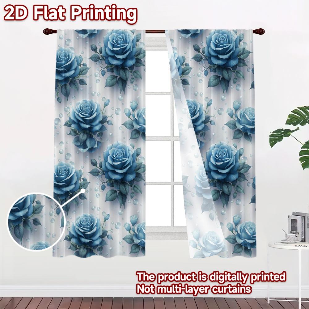 2D FLAT PRINTING 2pcs Curtains (Without Rod) Blue Roses and Pearls Popular Fashionable Curtains Versatile 100% Polyester