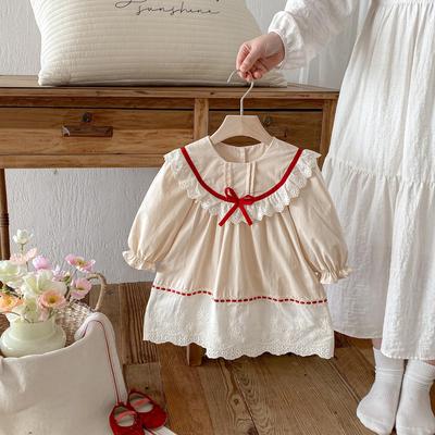 2026 Spring Korean Style Girl's Ruffle Dress: Lace Trim, Color Block, Long Sleeve Skirt