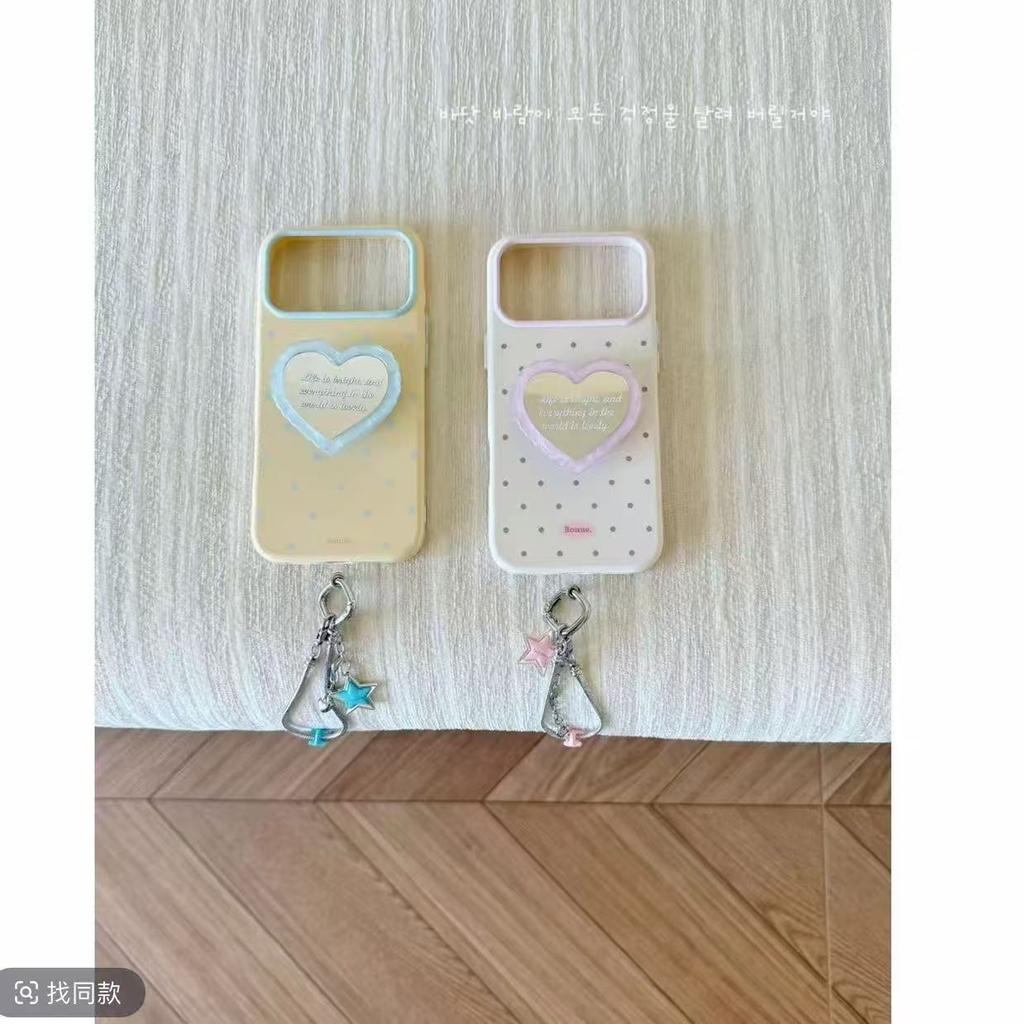 Fresh Polka Dot Love Mirror Bracket Is Suitable for Apple 17promax Mobile Phone Case 16pro Anti-drop 15/14 Bracelet.
