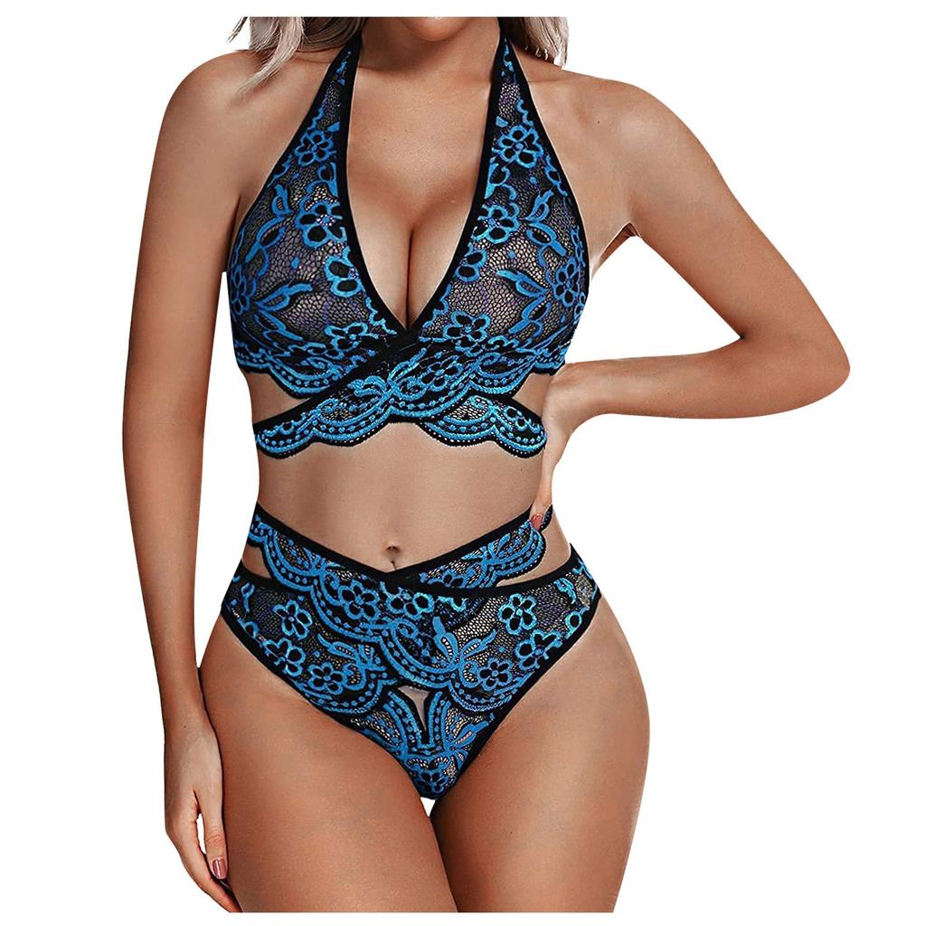 Damen Sexy Dessous Set Bestickter Spitzen-BH und Tanga Dessous Mesh Sheer Sexy