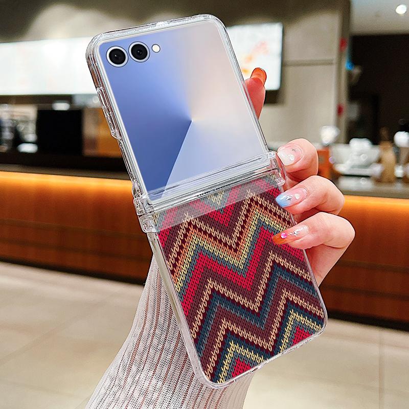 Woven Texture Printed Phone Case For Samsung Galaxy Z Flip 7 FE 6 5 4 3 5G Folding Hard PC Clear Cover For Samsung Z Flip7 Flip6