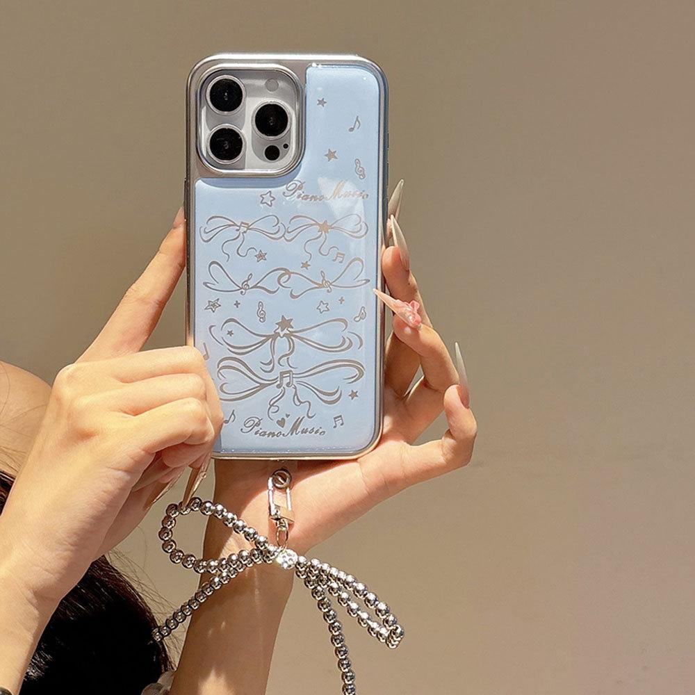 Applicable To Apple 16PM Girls Blue Bow Pendant Mobile Case IPhone 15 Pro Silver Edge Glue Protection Case