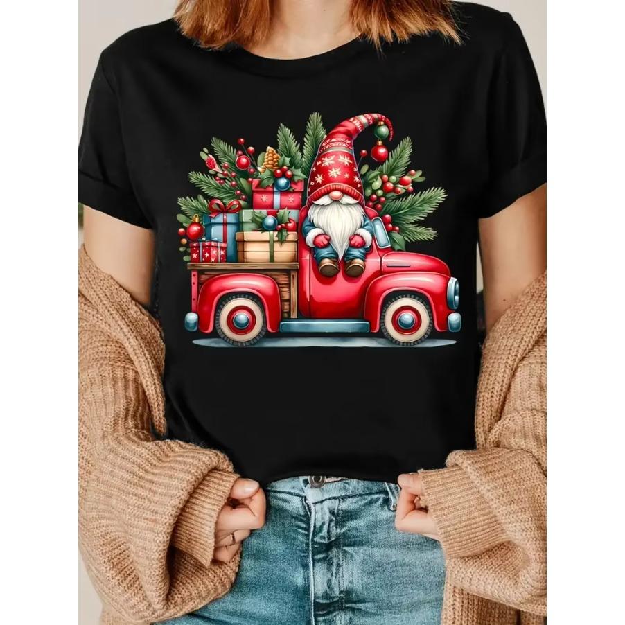 Women's Christmas Gnome Graphic T-Shirt Short Sleeve Round Neck Casual Top Washable Holiday Party Tee for Women, Gnome Gift