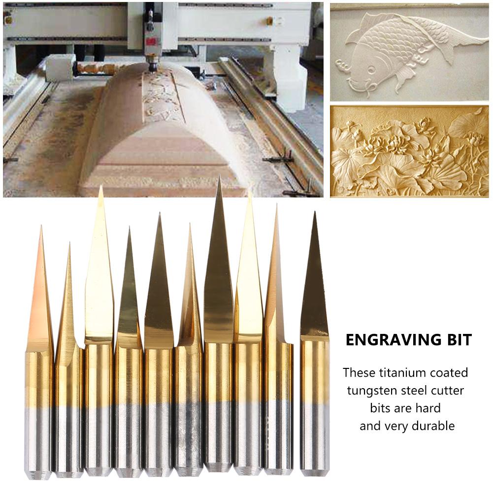 

10pcs 3.175mm Titanium Coated Tungsten Steel Engraving CNC Bit Carving Tool (3.175*10 degrees *0.1)