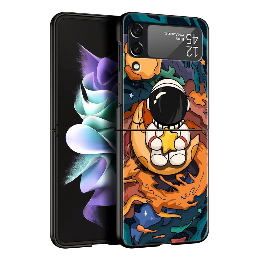 Cartoon Cute Cosmonaut Hard PC Phone Case For Samsung Galaxy Z Flip 7 6 5 4 Black Cover For Galaxy Z Flip3 Foldable Fundas Shell