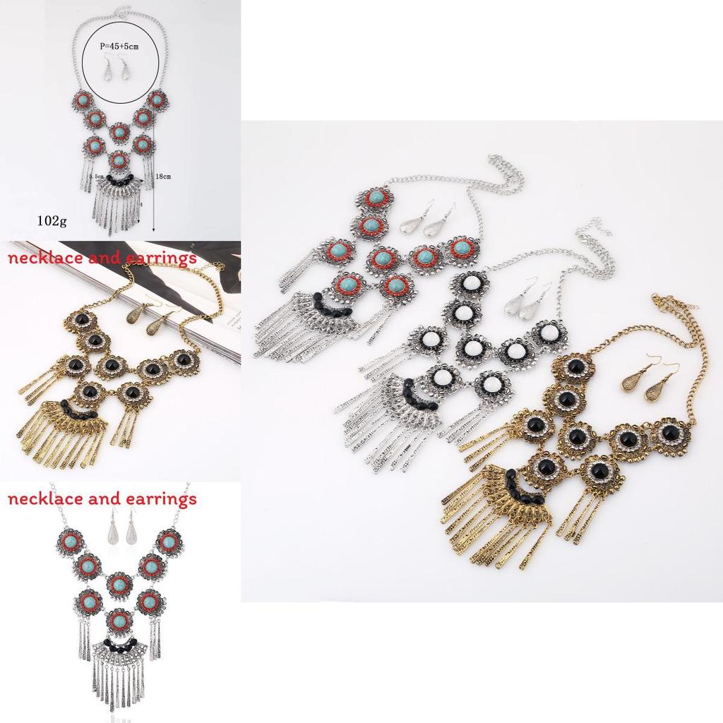 Ethnic Style Simulation Gemstone Decor Women Round Flower Necklace With Tassel For Boho Style Jewelry