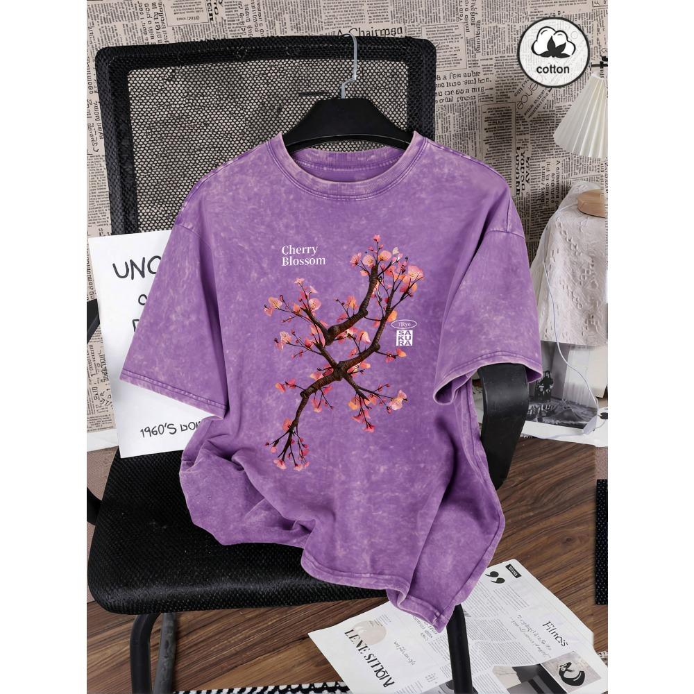 Tokyo Harajuku Cherry Blossom Print Washed T-Shirts Women Cotton Casual T Shirt Y2K Summer Short Sleeves Oversize Tops