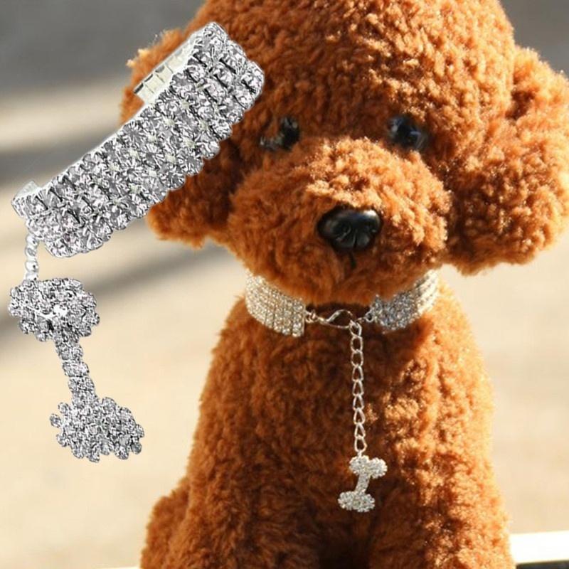 Chic Shiny Three Row Rhinestone Bone Pendant Puppy Dog Collar Pet Supply (Size:S,M,L)