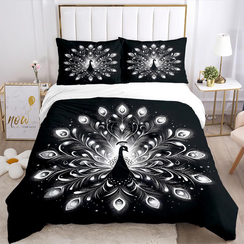 3pcs Radiant Peacock Print Bedding Set (1 Cover + 2 Pillowcases, Without Inserts), This Printed Bedding Set Is Soft and Comfortable, Suitable for