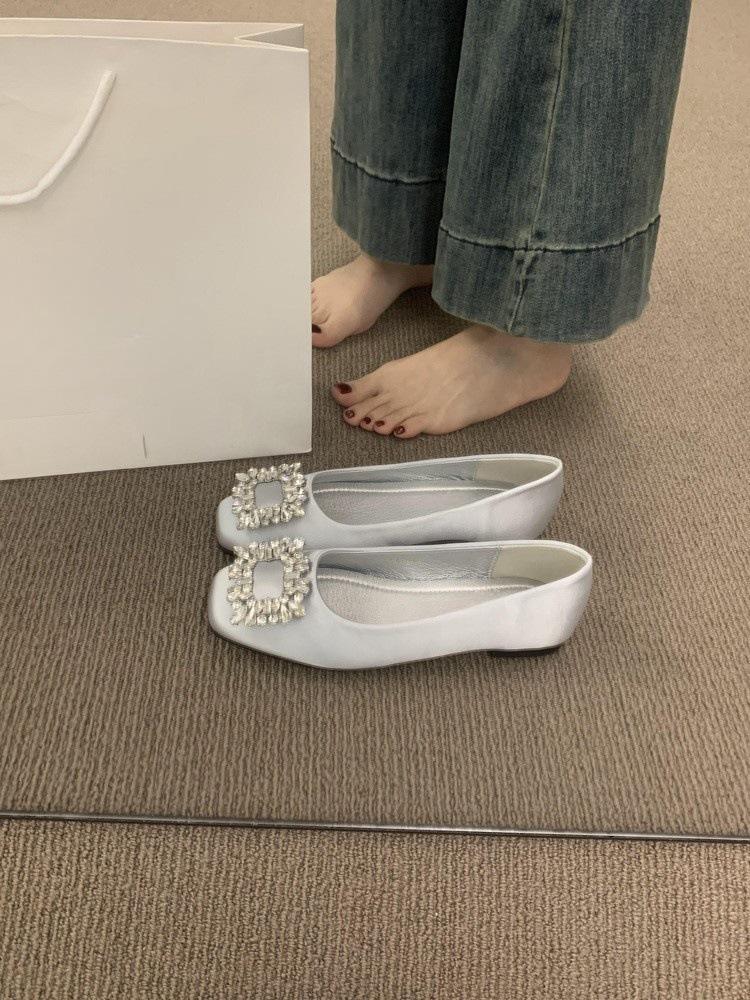 French flat-bottomed high-end rhinestone square buckle satin single shoes for women's spring 2025 new gentle wind evening shoes