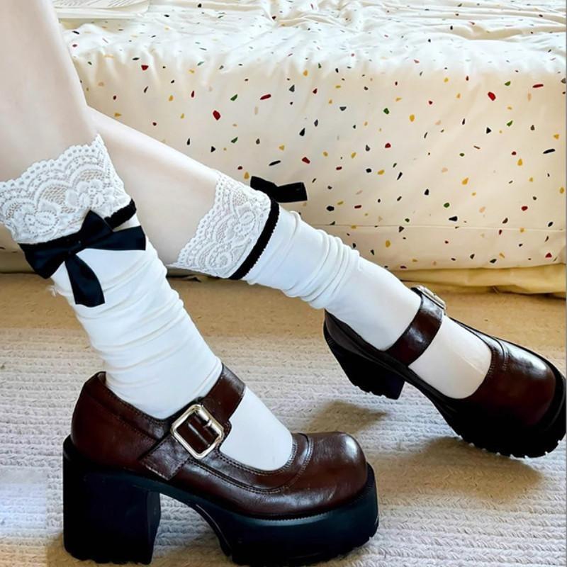 Japanese JK Girls Cotton Calf Socks Sweet Lace Bow Mid-tube Socks Lolita Soft Breathable Pile Socks