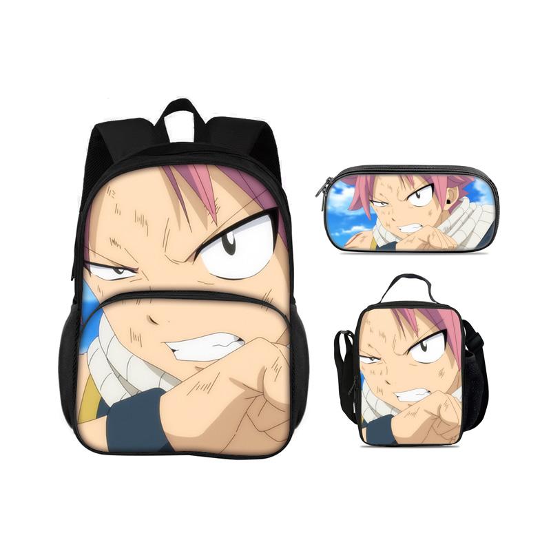 FAIRY TAIL Round Front Bag Backpack Pen Bag Ice Bag 3Pcs Set Cartoon Anime Printed Student Boys and Girls New Versatile