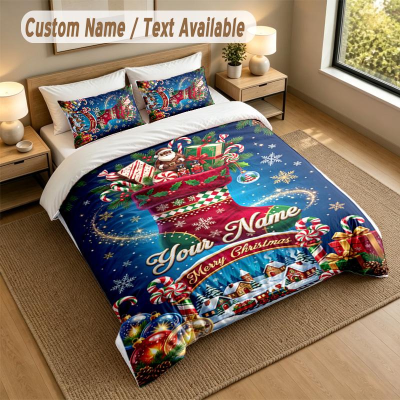 Christmas Theme Personalized 3Pcs Bedding Set Custom Text & Name 1 Sheet 2 Pillowcases Household Bedding 1pc