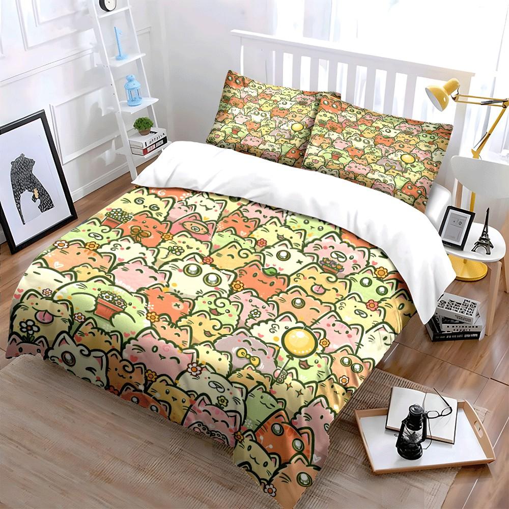 Cute Cat Pattern Three-Piece Set Exquisite Three-Piece Bedding Set Gift For Kids And Adults