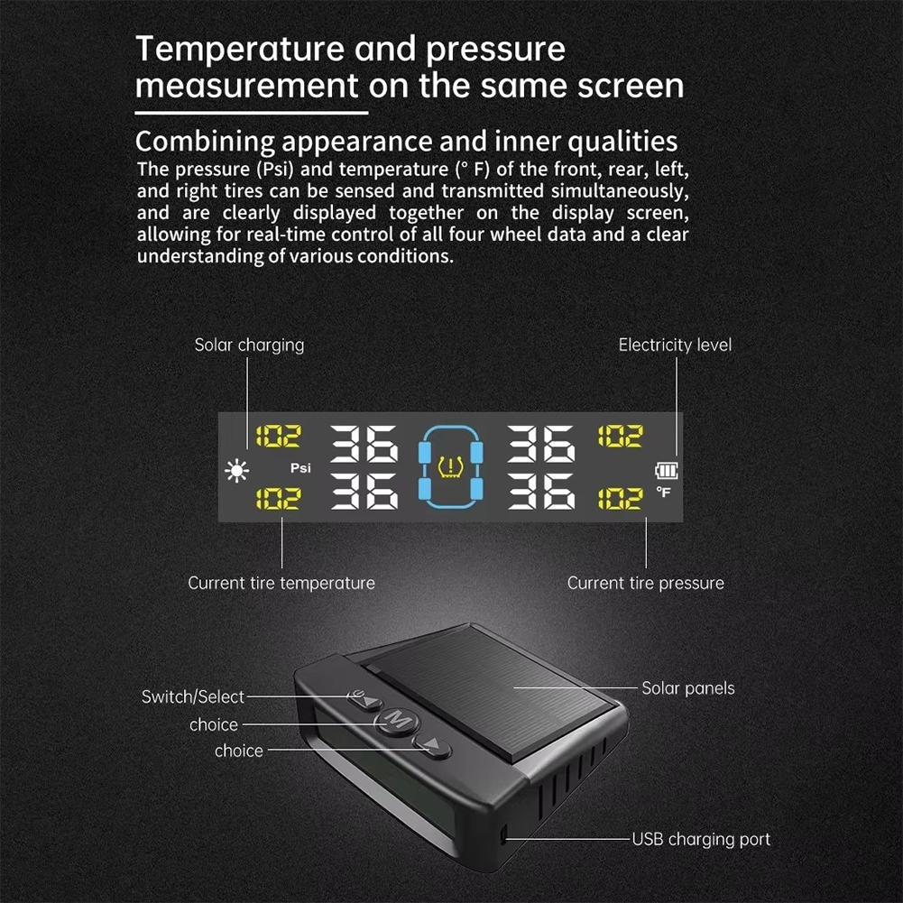 TPMS Solar Auto LCD Display Tire Pressure Monitor Car Tire Intelligent Wireless Pressure Monitoring System Alarm Device Tools