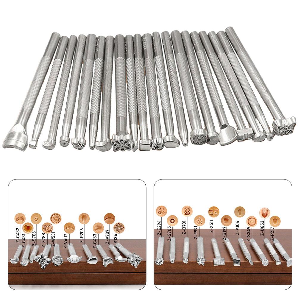 

20 шт. Набор инструментов для печати кожаных штампов Кожаная резьба Печать Пуансон Ремесленные инструменты Сталь Серебро Микс