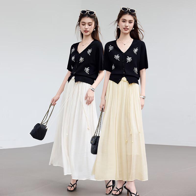 VICTORIA&VERA Women's Cotton Linen Blend Pleated Midi Skirt