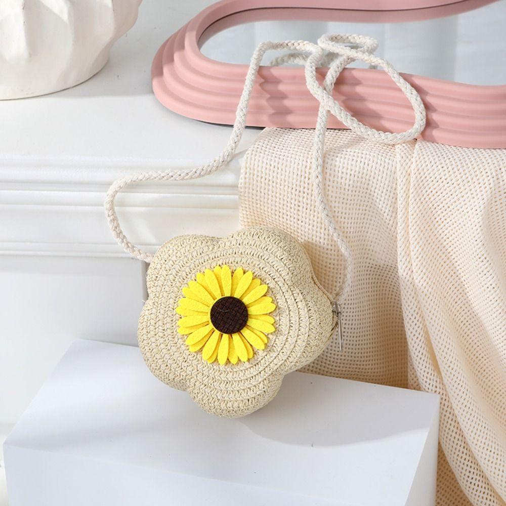 Ανθεκτική Ψάθινη Τσάντα Crossbody Πλεκτό Πορτοφολάκι Λουλούδι Χειροτσάντα Κοριτσιών Παιδική Τσάντα Ώμου Messenger Καλοκαιρινή Χαριτωμένη Μίνι Τσάντα Πριγκίπισσας