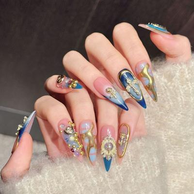 Uñas Postizas Almendra Uñas Falsas Francesas Uñas Postizas con Diseño 3D Brillantes Cobertura Total Uñas Adhesivas Acrílicas Uñas Artificiales Adhesivas para Mujeres
