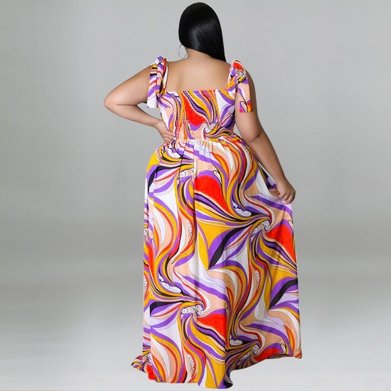 Plus Size Womens Off-Shoulder Ruched Strap Maxi Dress With Bow Print Milk Silk Sleeveless Flowy Skirt Streetwear