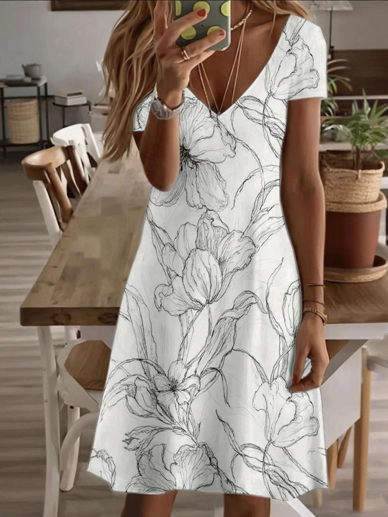 

Vneck shortsleeve midi dress elegant black and white floral printed pattern 3D premium print durable casual fashion summer outfit for women stylish co 9XL дубильна кора