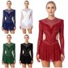 Womens Rhinestone Mesh Leotard Long Sleeve Ruffled Trims Mesh Skirt Bodysuit Dress Figure Skating Jumpsuit