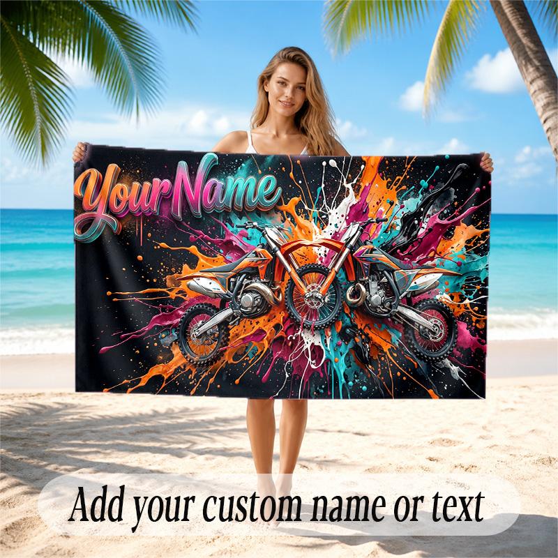 Motorcycle Biker Theme Quick Dry Beach Towel Custom Name Text Print Large Sand Resistant Towel Beach Vacation