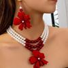 Three Layer Pearl Beaded Necklace with Floral Pendant and Matching Earrings Set for Women Elegant Layered Jewelry Accessory