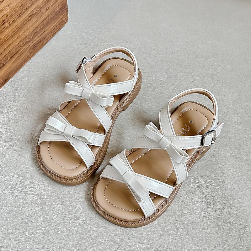 

Girls Sandals Simple Bows Kids Beach Shoes Soild Color Versatile 2025 Summer New Children Princess Shoes Non-slip Soft Sole 26 бежевый