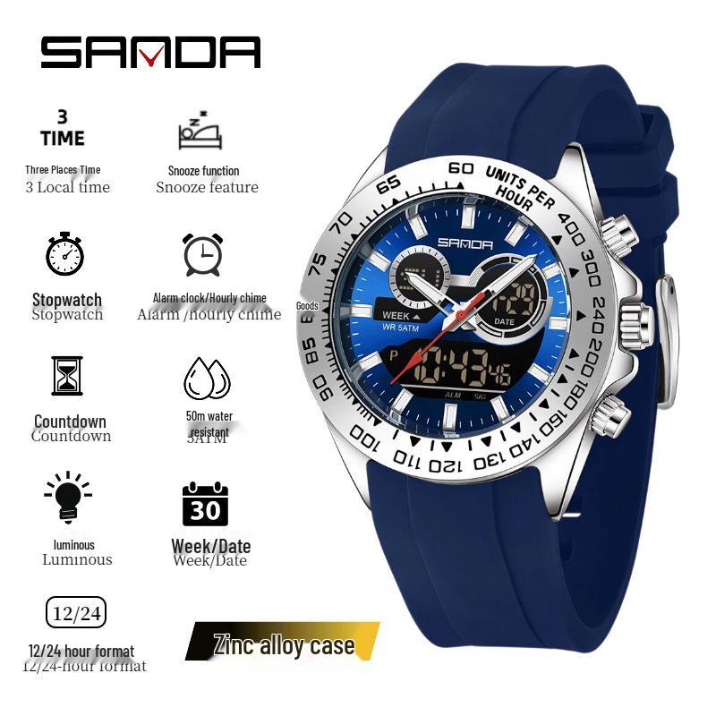 Sanda Men's Waterproof Dual Display Multi-Function Watch with Timer, Snooze, and Night Light.