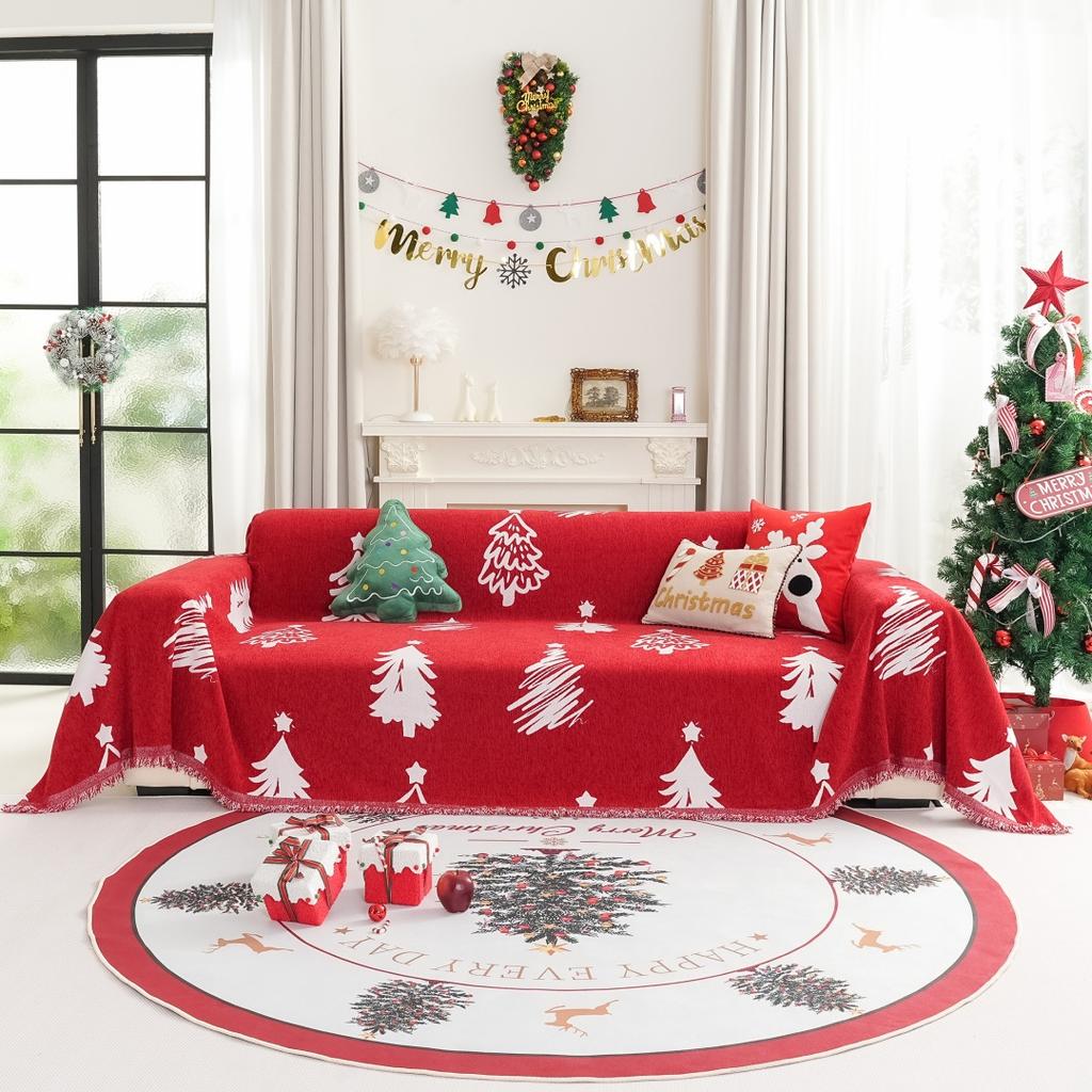Christmas Tree Jacquard Chenille Sofa Towel with Tassels Holiday Decor for Living Room Couch Cover