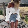 Women Sexy Solid Color Long Sleeve Off Shoulder Ruffled Edges Short Blouse Top