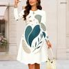 Women Plus Size Round Neck Long Sleeve Midi Dress Golden Moon Wine Glass Floral Art Print High Waist Swing Dress