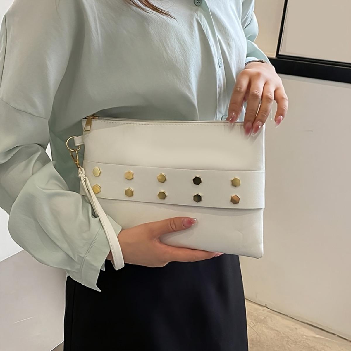 

1 шт. Женская сумка-клатч, однотонная сумка-конверт с заклепочной вставкой, застежка-молния, подкладка, подходит для работы, поездок на работу, свиданий, вечеринок белый