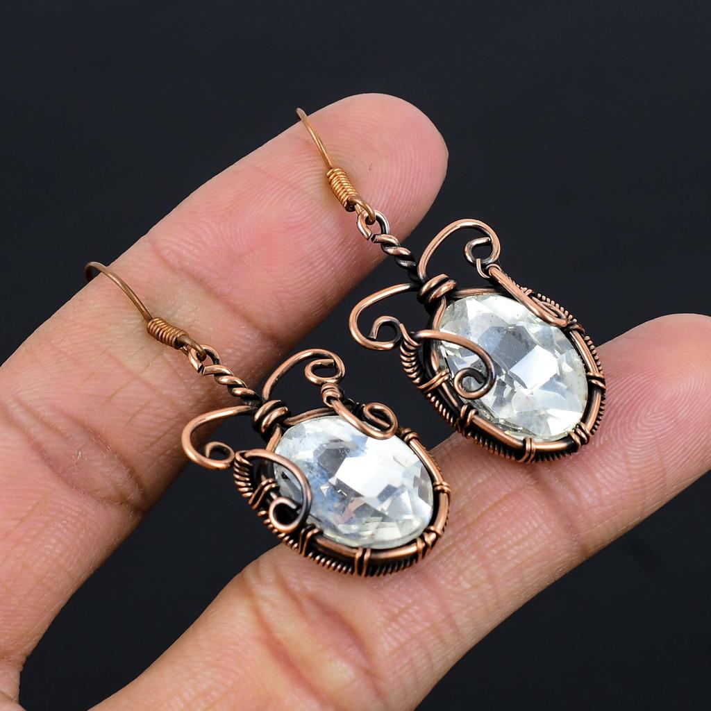 White Topaz 999 Copper Wire Wrapped Earrings, Handmade Gemstone Jewelry Earrings For Memorial Day