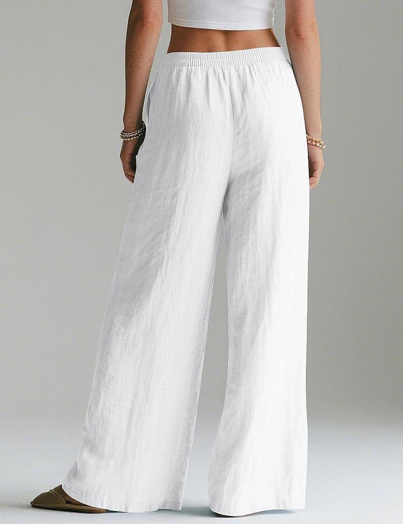 Women's Flowy Linen Wide-Leg Pants - Summer Beach Travel Wear with Elastic Waist & Pockets