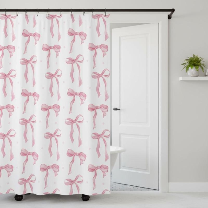 Stylish Bowknot Bath Curtain Water Resistant Fabric Shower Curtain Easy Maintenances Household Hotel Bathroom Use