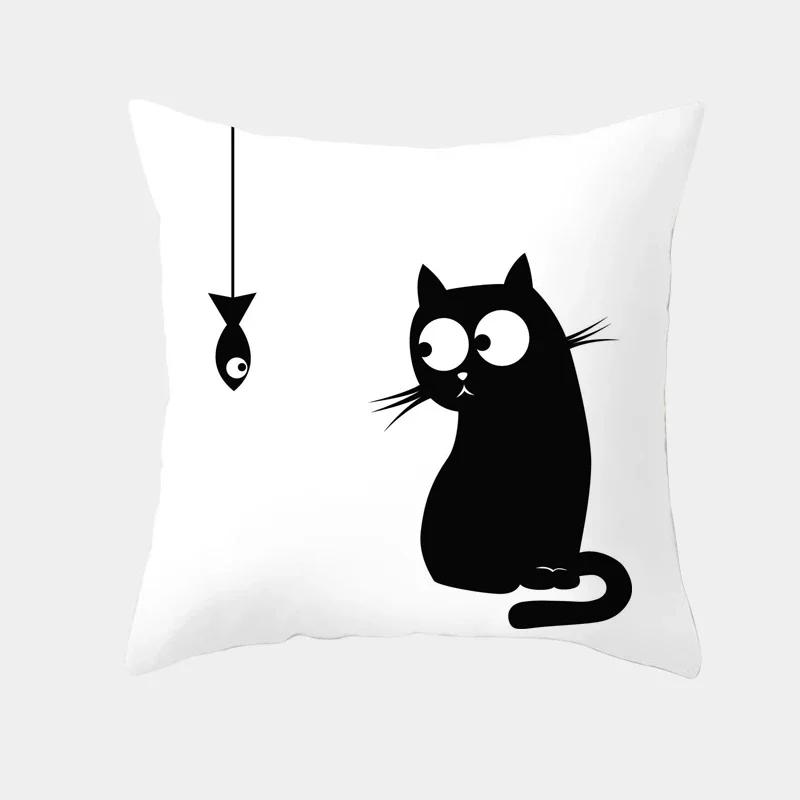 Cute Cartoon Cat Cushion Cover Creative Black White Naughty Cat Pillow Case Home Textiles Decorative Pillow Cover For Sofa