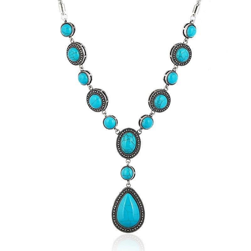 Retro long turquoise necklace women's personality exaggerated temperament sweater chain Tibetan versatile hanging jewelry