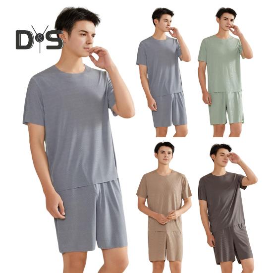 Pánské pyžamo s 2 ks, krátkým rukávem a výstřihem do V, elastickým pasem a kraťasy, jednobarevné, domácí oblečení