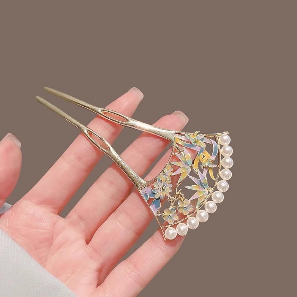 1pc Chinese Metal Hair Pin U Shaped Hair Sticks Fork Pearls Flower Leaf Designs Hairclip Women Hanfu Dress Chignon Jewelry