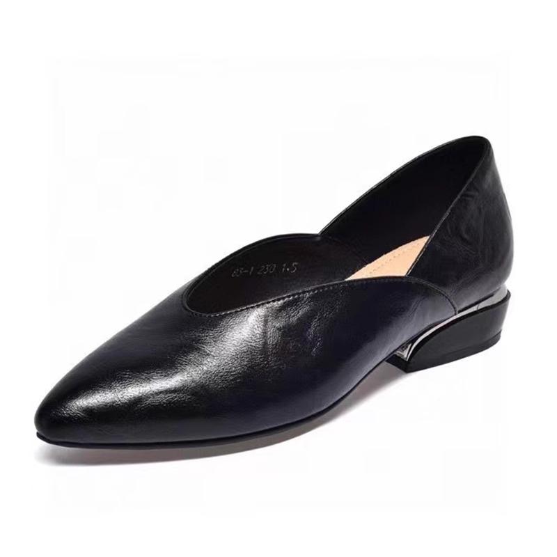 2025 new spring and summer women's shoes pointed thick heel soft leather single shoes brown ladyshoes grandma shoes medium heel Korean version shoes