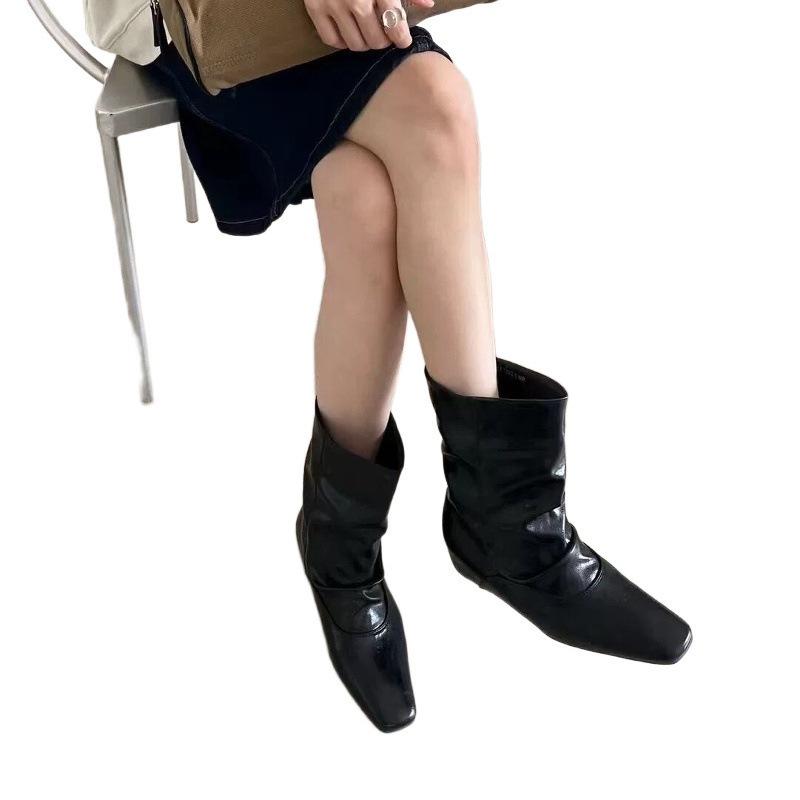 Autumn and winter fashionable slack pleated stacking boots simple square head inner height increase sleeve medium tube short boots