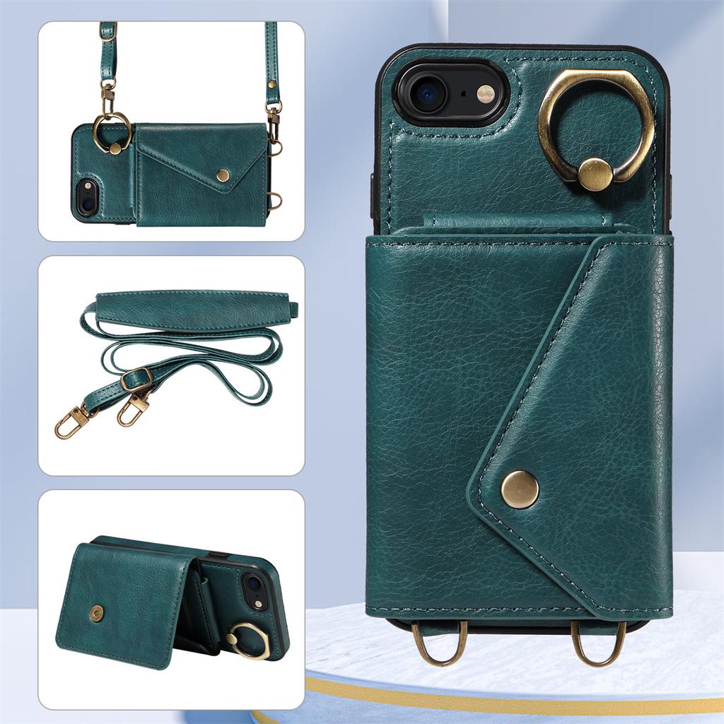 Per iPhone 6/6s/6Plus/7/8,7Plus/8Plus,iPhone SE (2020/2022) Tracolla Corda Anello Staffa Design Porta Carte Slot Copertura con Texture Litchi Custodia per Telefono