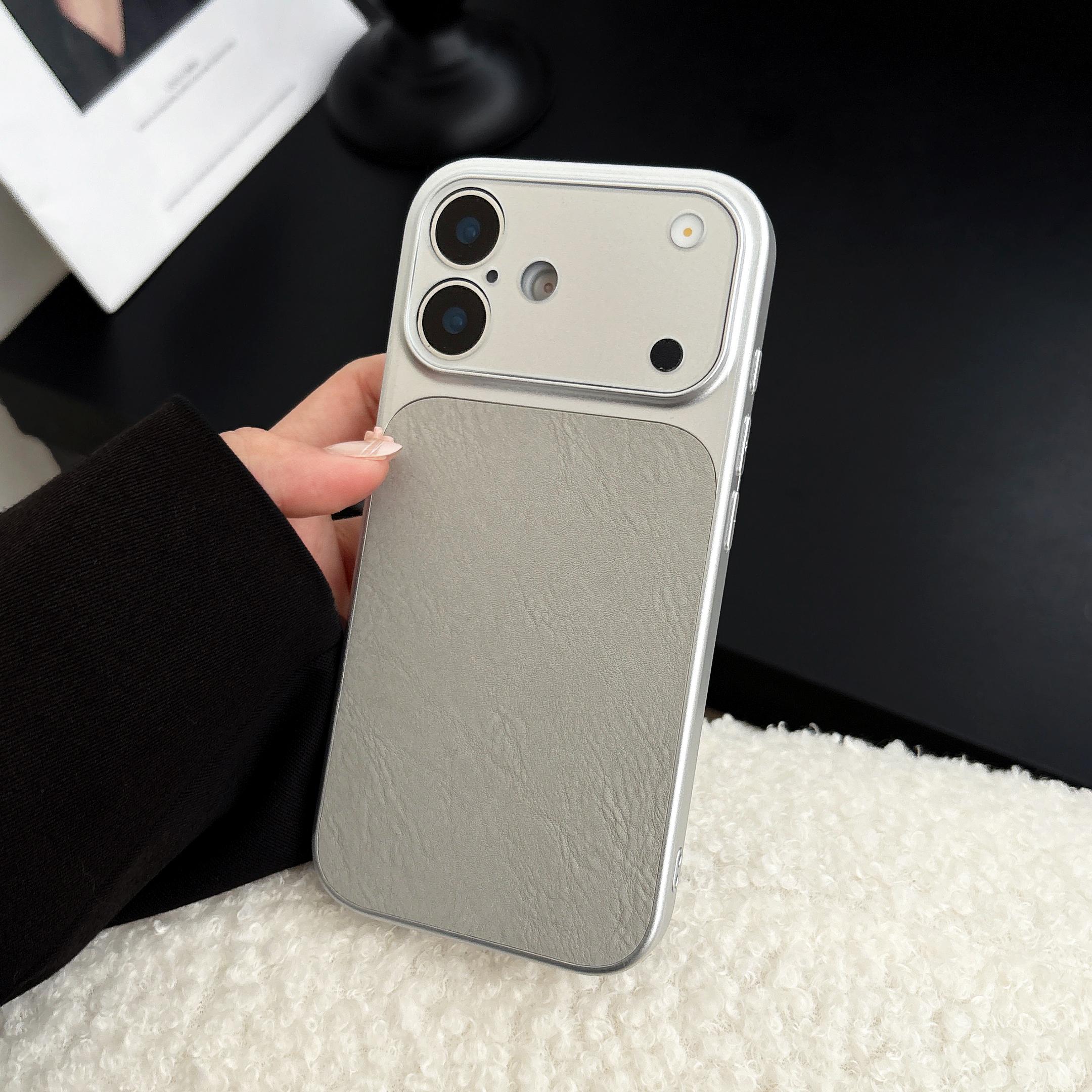 

Luxury Leather Ice Crack Phone Case iPhone Air 17 16 15 Plus 14 13 Pro Max Large Window Shockproof Frosted Matte Bumper Cover iPhone 15 серебряный
