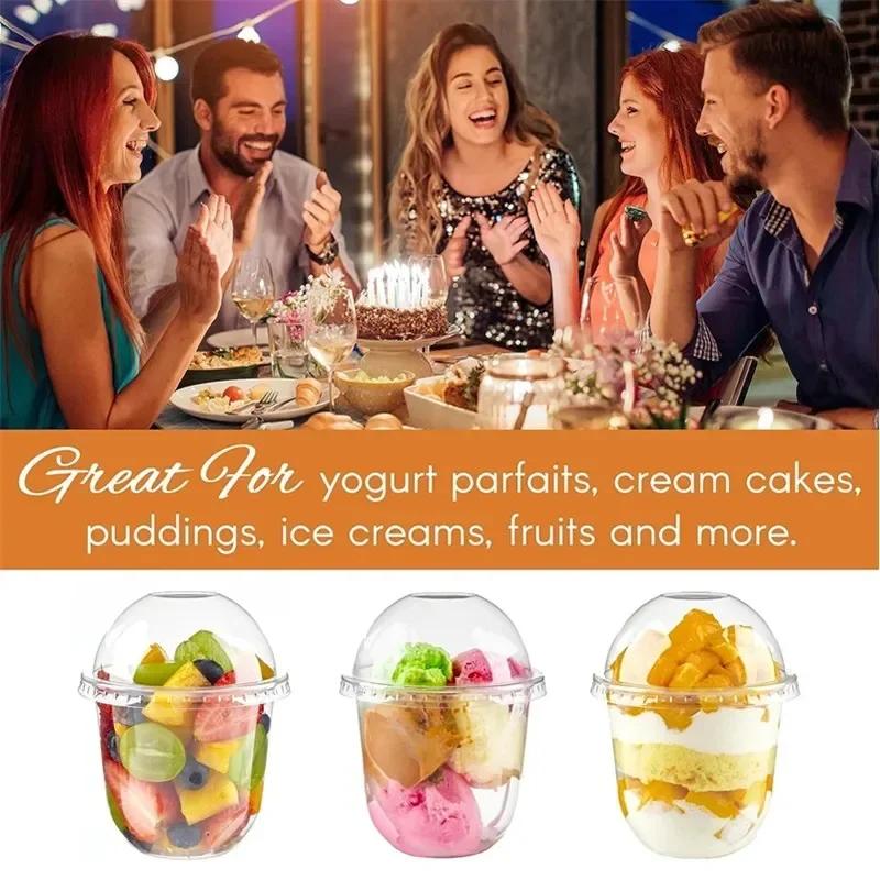 50 pezzi Coppette per budino con coperchi Scatole di plastica Gelato Mousse Dessert Picnic Festa Imballaggio Coppette da dessert con coperchio