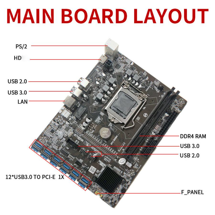 B250C Mining Motherboard with 12 PCIE Slots, Converted To USB 3.0 for GPU, LGA1151 GEN6 / 7, for Ddr4