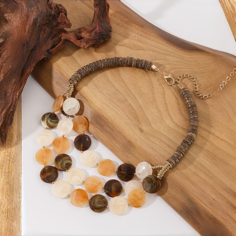 Handmade Trendy Multilayer Beaded Necklace Geometric Round Acrylic Wooden Beads Cute Jewelry for Best Friend Gift for Girls